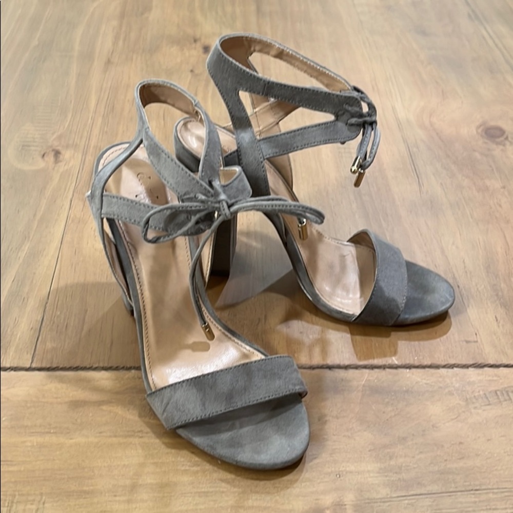 Gray suede sandal heels